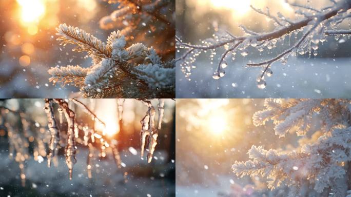 冬天雪景下雪冬日暖阳唯美雪景大寒雪景