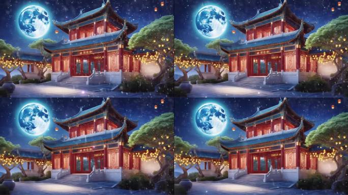中式建筑月光背景夜晚