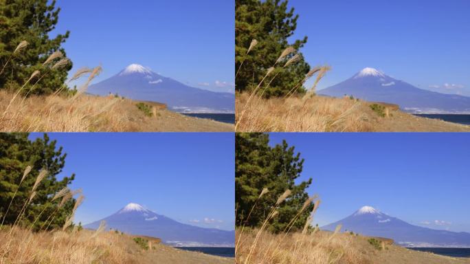 从海边看，湛蓝的天空和富士山