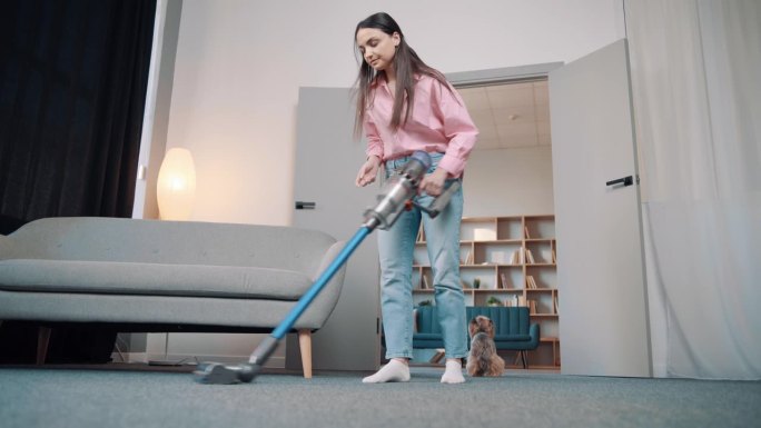 一个年轻的欧洲女孩穿着舒适的家居服，用无线吸尘器在公寓里清理地毯上一只金色约克夏梗犬的狗毛