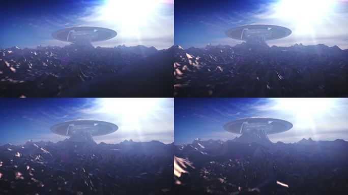 巨大的不明飞行物宇宙飞船在山上，外星世界