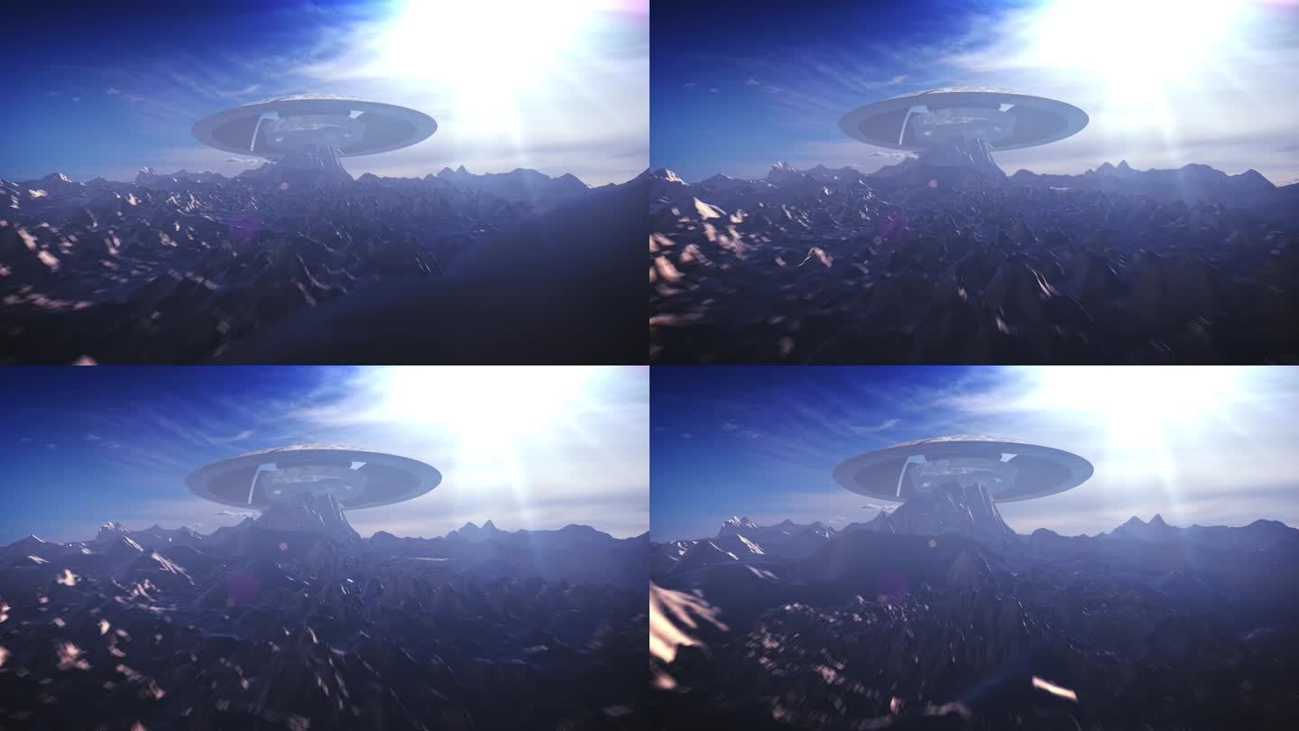 巨大的不明飞行物宇宙飞船在山上，外星世界