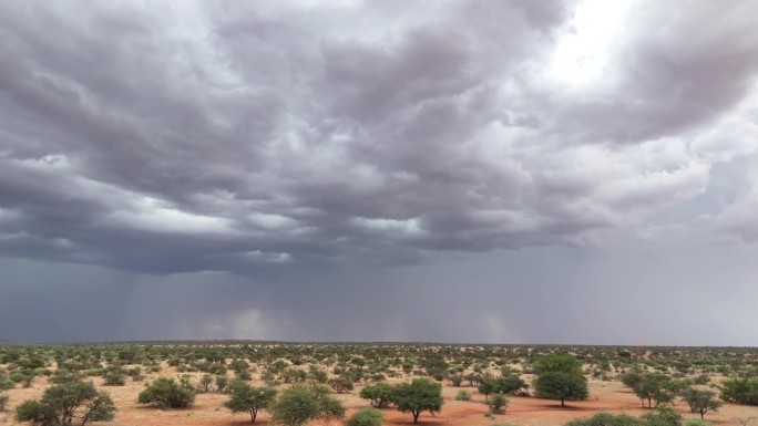 喀拉哈里沙漠南部的景色，远处的雷暴伴随着闪电。