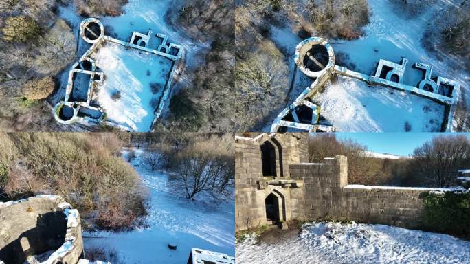 兰开夏郡里文顿附近下雪的利物浦城堡废墟的无人机视频