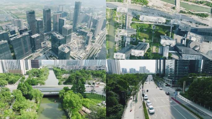 杭州会展中心和街道航拍大楼华夏未来科技城