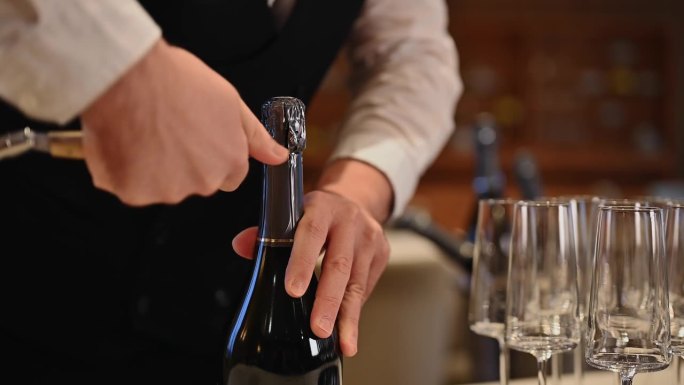 侍酒师剪掉一瓶香槟酒的标签