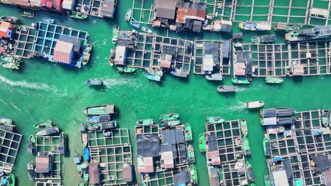 4k海南陵水疍家鱼排玻璃海海湾出海口航拍