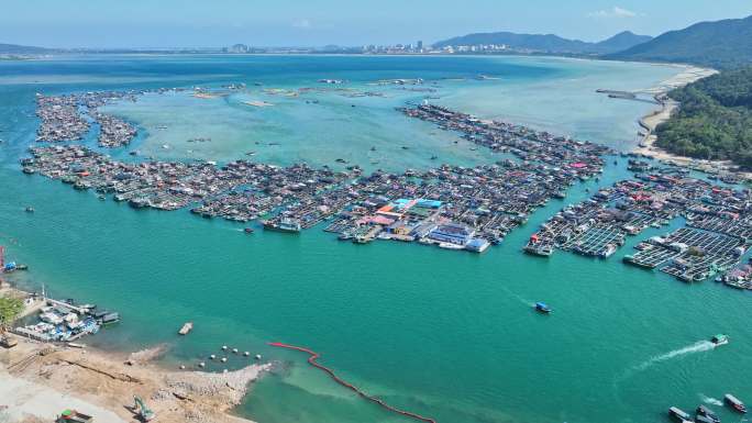 4k海南陵水疍家鱼排玻璃海海湾出海口航拍