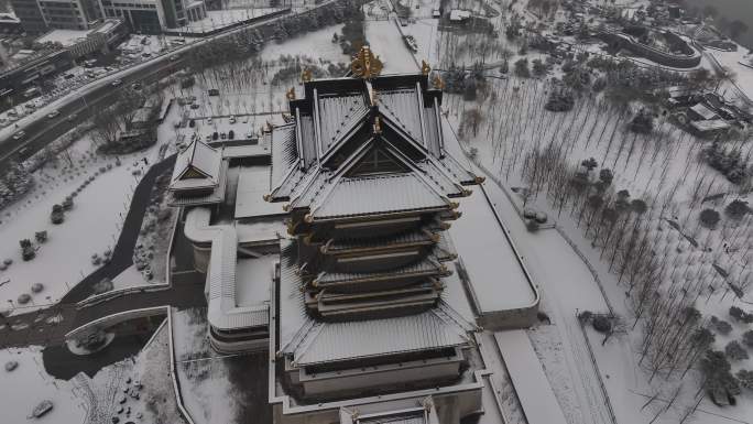 临沂 书圣阁 雪景 航拍 4k