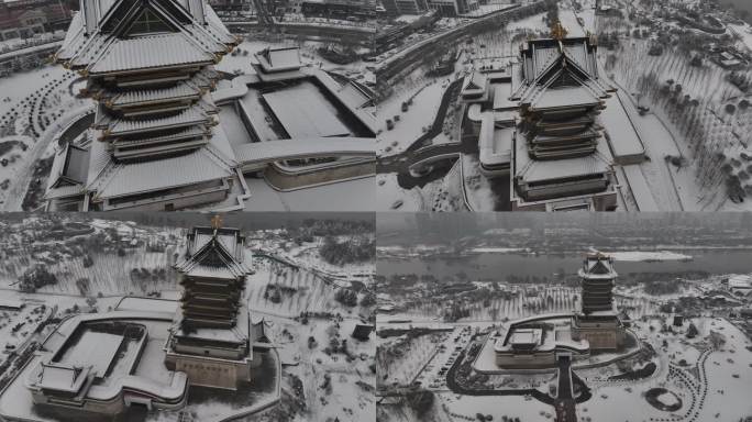 临沂 书圣阁 雪景 航拍 4k