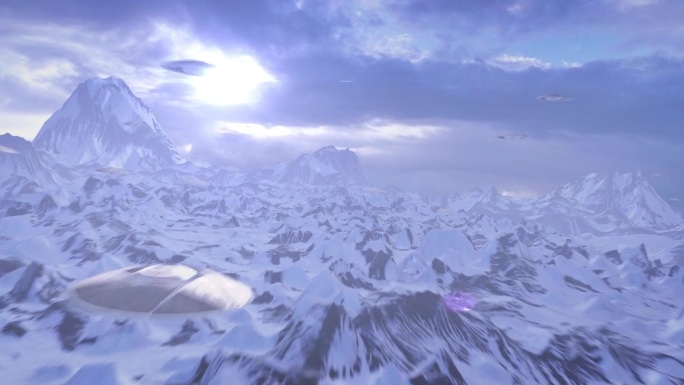 外星不明飞行物舰队在雪山上空飞行