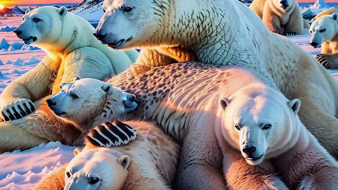 夕阳下的北极熊家族