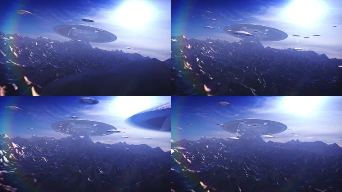 外星不明飞行物飞碟飞向母舰，外星景观