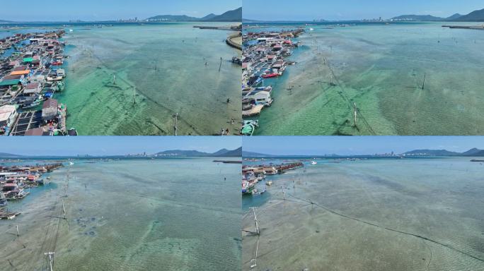 4k海南陵水疍家鱼排玻璃海海湾出海口航拍