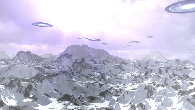UFO舰队在雪景上空，航拍