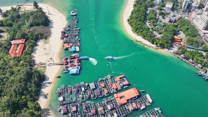 4k海南陵水疍家鱼排玻璃海海湾出海口航拍