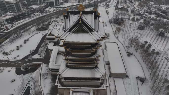 临沂 书圣阁 雪景 航拍 4k