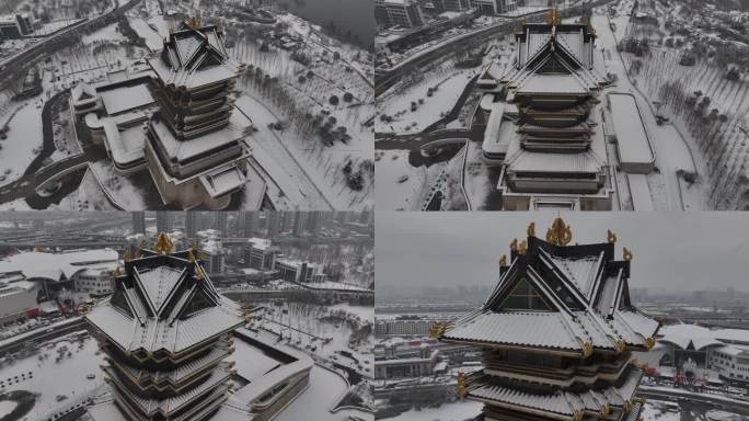 临沂 书圣阁 雪景 航拍 4k