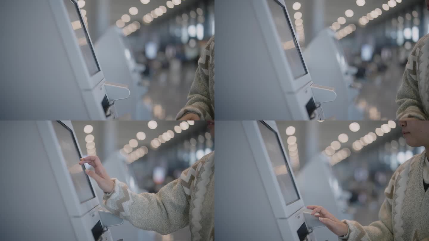 一名亚洲女子在机场使用自动登机机制作登机牌。