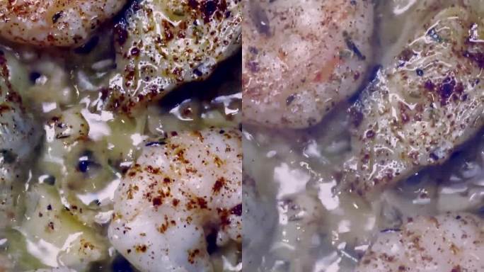 垂直视频虾虾与大蒜、蘑菇和洋蓟一起在平底锅里蒸