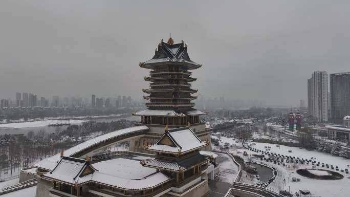 临沂 书圣阁 雪景 航拍 4k