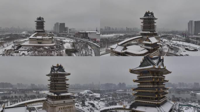 临沂 书圣阁 雪景 航拍 4k