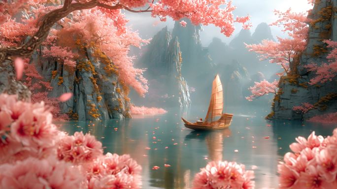 茶船古代帆船小船河道山谷花朵唯美大屏