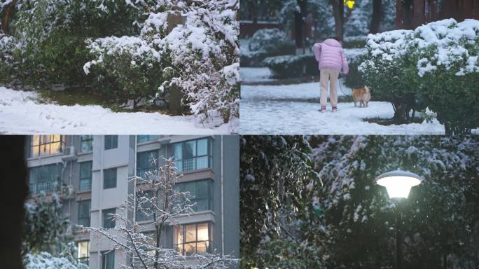 小区雪景雪中路灯夜景