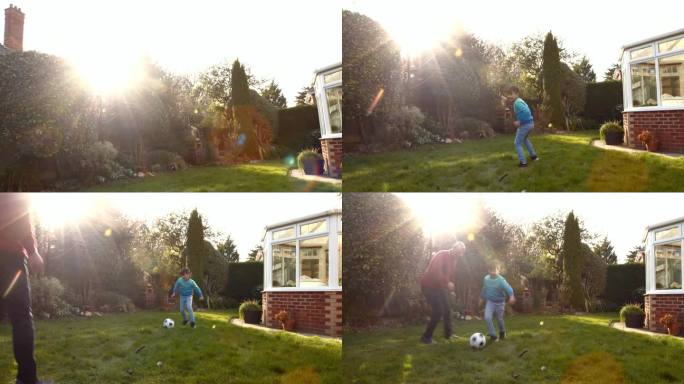 和爸爸在花园里踢足球