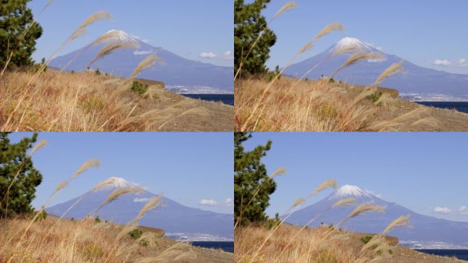 从海边看，湛蓝的天空和富士山