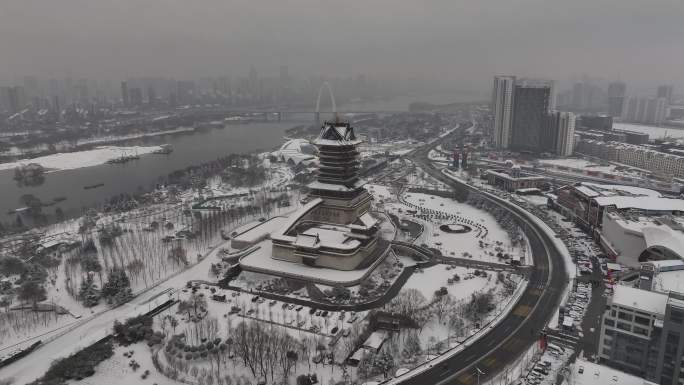 临沂 书圣阁 雪景 航拍 4k