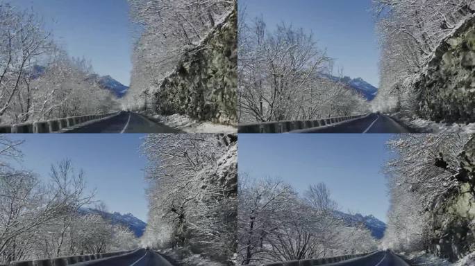 冬天的山路上有雪树
