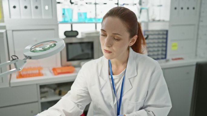一个穿着实验室大褂的专注的女人在现代实验室环境中检查科学设备，体现了专业知识和专业精神。