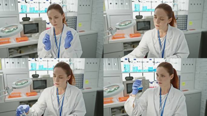 一个穿着实验室大褂的专注的女人在现代实验室环境中检查科学设备，体现了专业知识和专业精神。