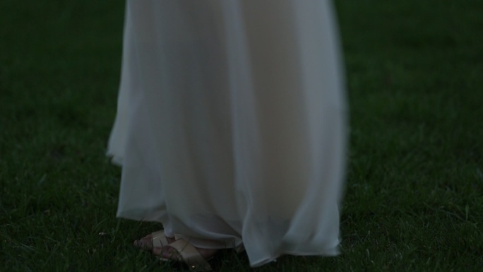酒会穿着白裙子的女人站在草地上 微风徐徐
