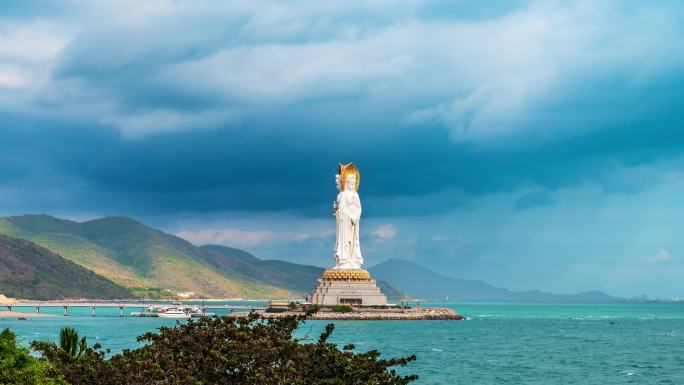 海南三亚南山寺航拍海上观音雕像天空和大海
