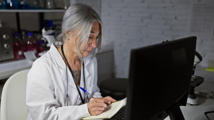 在一个黑暗的实验室里，一位头发花白的中年女科学家工作到深夜，沉浸在紧张的视频通话中，做着笔记——这是