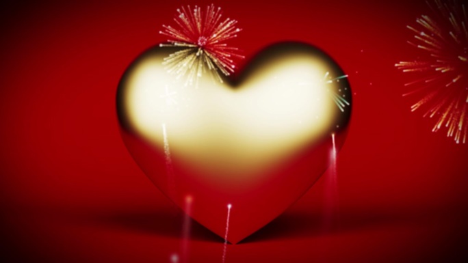 金色的心和爆炸的烟花在红色的背景
