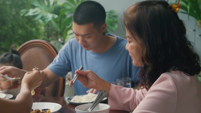 亚洲家庭吃中国菜的特写，坐在后院的餐桌上玩得很开心。多代同堂的家庭一起享受消费。