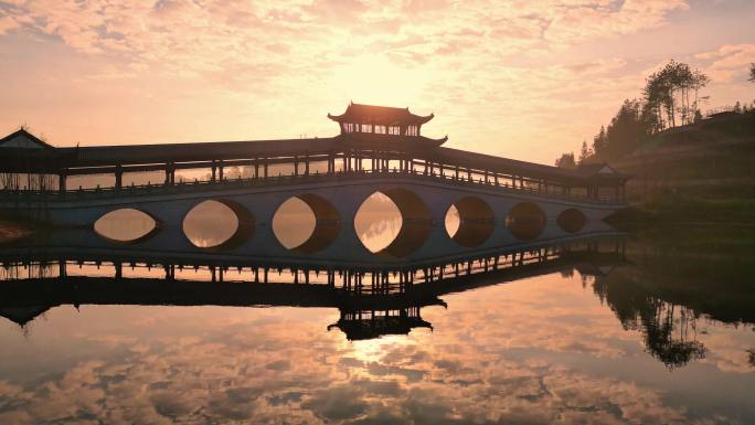 意境黄昏暮色中国风古建筑桥梁