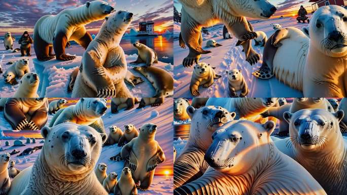 夕阳下的北极熊家族