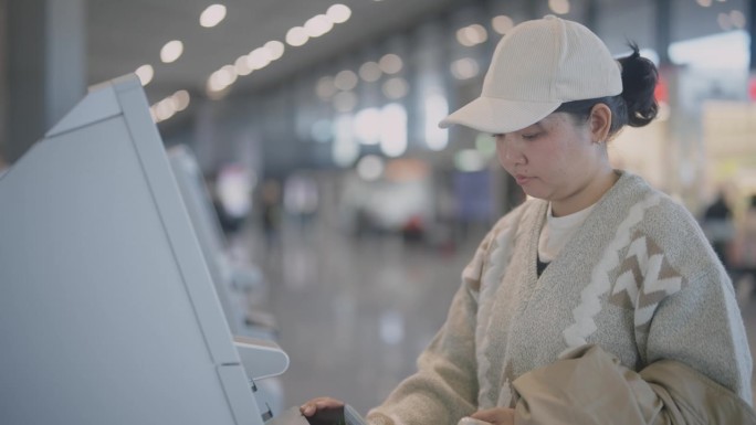 一名亚洲女子在机场使用自动登机机制作登机牌。