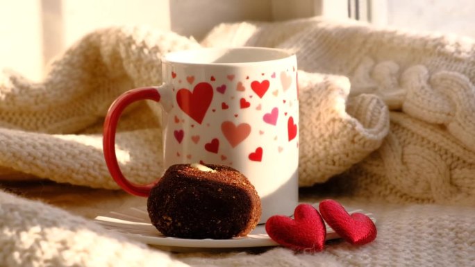 一杯咖啡和甜蜜的巧克力球蛋糕，浪漫大气的心情，两颗红心，编织温暖的格纹和阳光。情人节早餐