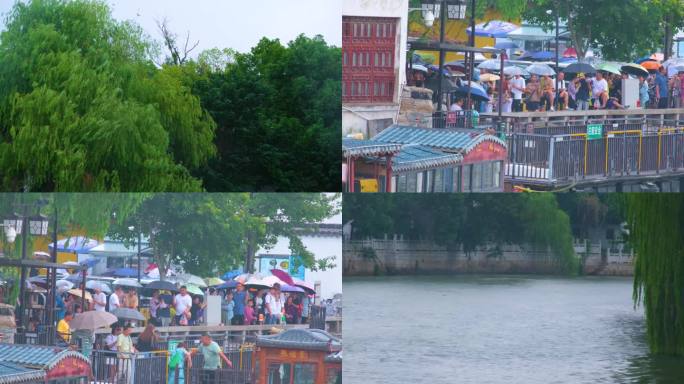 江苏苏州寒山寺江南水乡下雨季游客风景风光