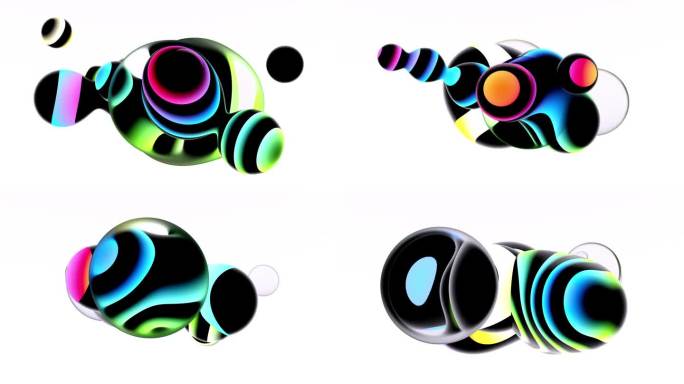 超现实的外星物质，基于变形的液体球或球体，在白色背景上用平行的黑线图案和紫黄绿梯度霓虹灯部分