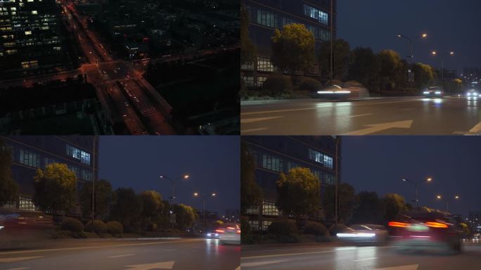 夜晚空镜俯视航拍杭州川流不息车辆