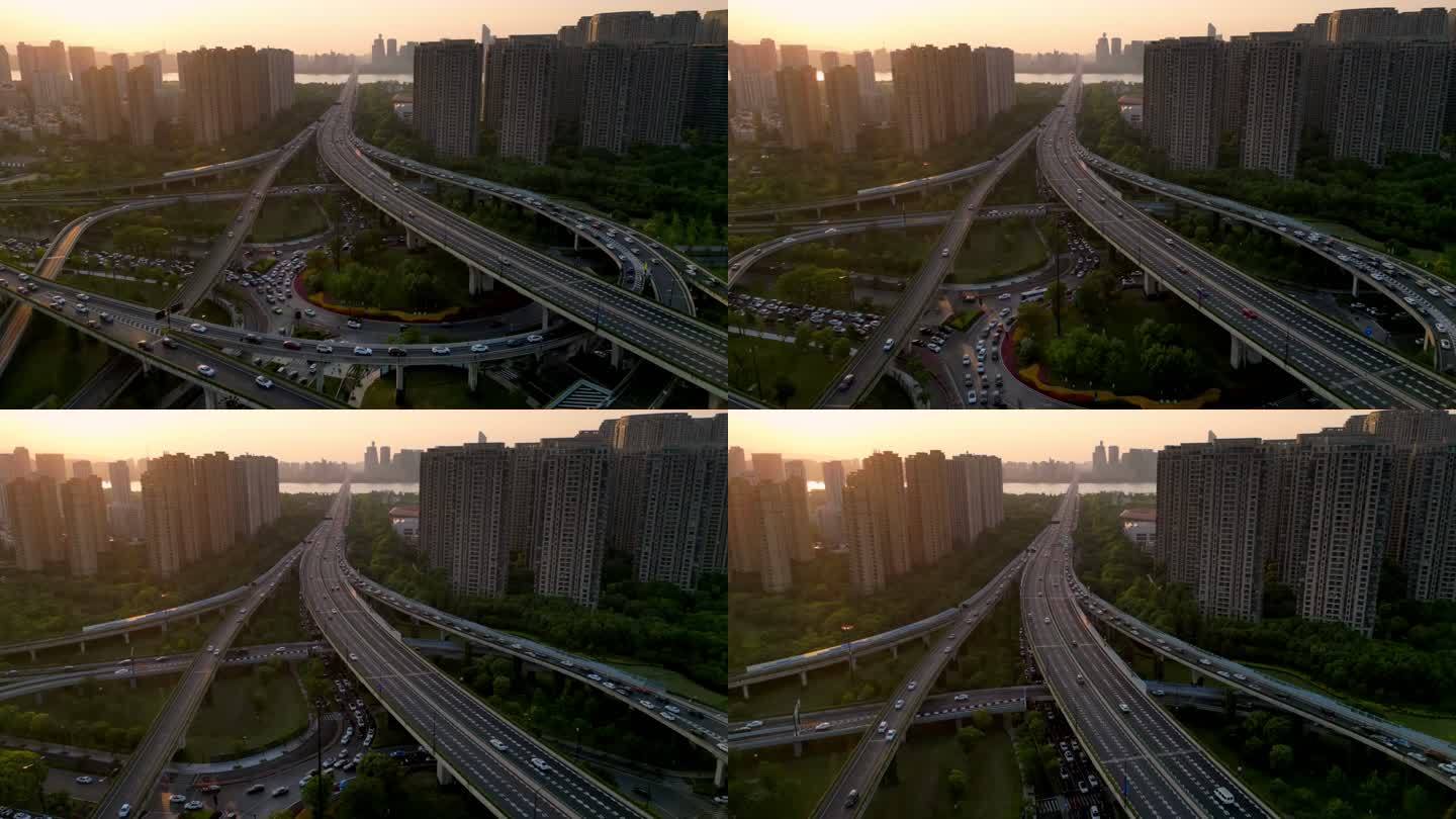 航拍杭州西兴大桥与机场高架立交桥车流延时