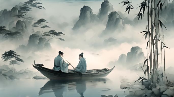 中秋古风山水古诗写意水墨古人禅意古人泛舟