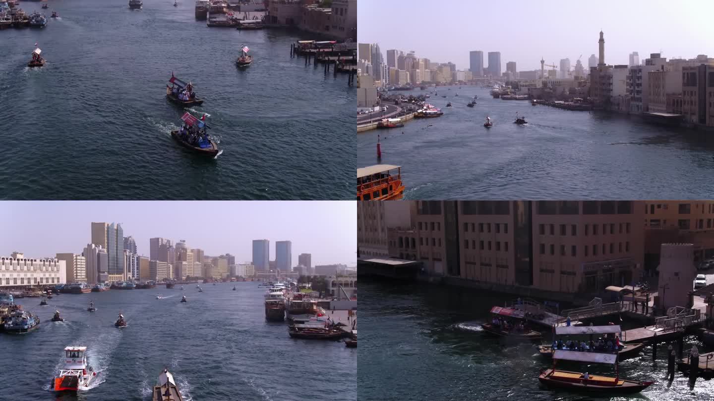 迪拜 航拍 水面上的游船