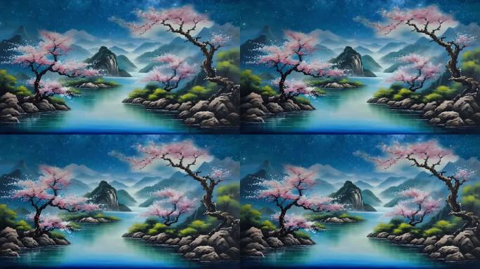 中式水彩画樱花树山川河流背景